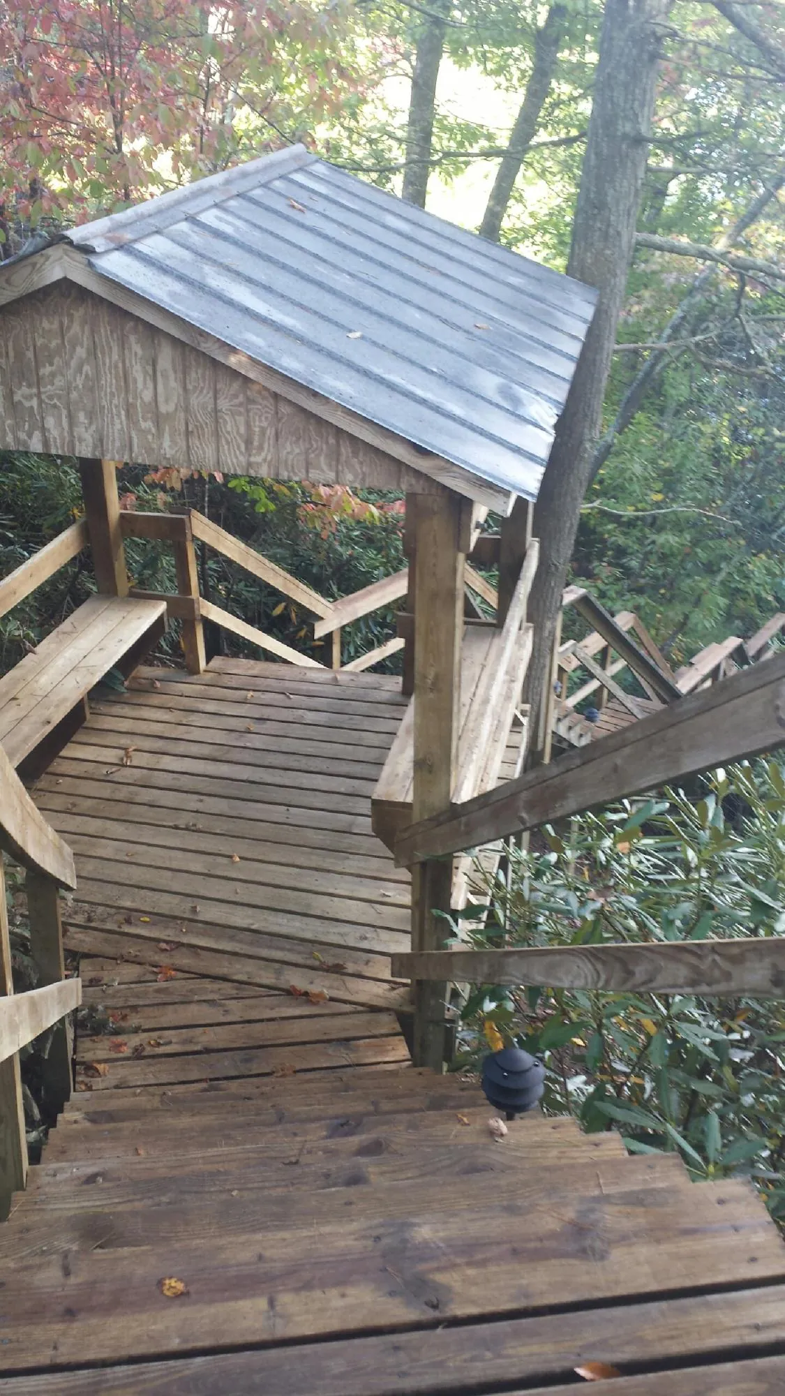 Metal roofed shelter over wooden steps on a wooded walkway — Skylight Repair & Installation work by our crew in Chinook